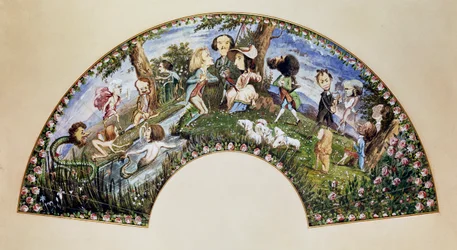 George Sand y amigos en Nohant en 1838, pintura en abanico por Auguste Charpentier (1813-1880)