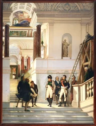 Napoleón I visita la escalera del Louvre, acompañado por los arquitectos Percier y Fontaine ...