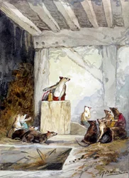Ilustración de la fábula "El consejo de las ratas" de Jean de La Fontaine. Acuarela de Auguste Delierre (1829-1890)