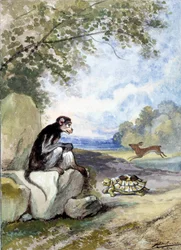 Ilustración de la fábula "La liebre y la tortuga" de Jean de La Fontaine. Acuarela de Auguste Delierre (1829-1890)
