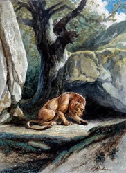 Ilustración de la fábula "El león y la rata" de Jean de La Fontaine. Acuarela de Auguste Delierre (1829-1890)