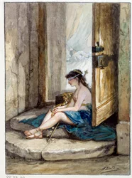 Ilustración de la fábula "El hombre que corre tras la fortuna y el hombre que la espera en su cama" de Jean de La Fontaine. Acuarela de Auguste Delierre (1829 - 1890)