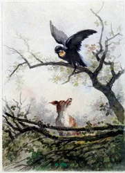 El zorro y el cuervo. Ilustración de la fábula de Jean de La Fontaine (1621-1695)