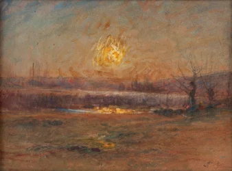 Puesta de sol en el estanque del campo