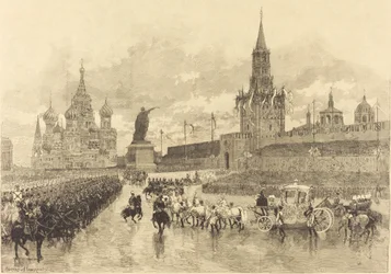 La coronación del zar. El cortejo imperial atraviesa la Plaza Real, 1883.