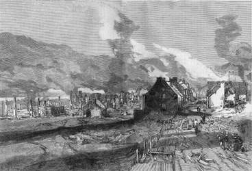 Vista de las ruinas de la ciudad de Quebec (Canadá) después del incendio de junio de 1881. Grabado de Lepere en “El Mundo Ilustre” n°1267 del 9 de julio