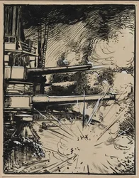 Bombe explosant sur un cuirasse aux canons braques