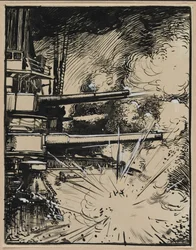 Bomba explotando sobre un acorazado con cañones apuntados, 1914