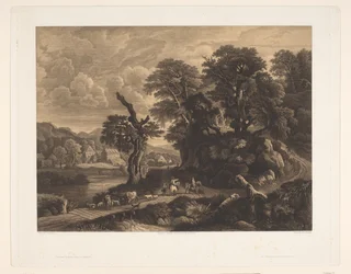 Paisaje con animales y figuras en un camino a lo largo de un río Figures et animaux (título sobre el objeto)