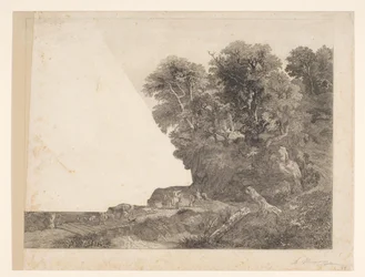 Paisaje con animales y figuras en un camino a lo largo de un río