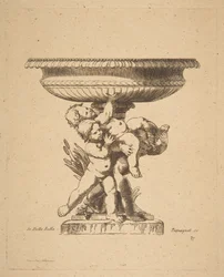 Diseño ornamental de tres niños sosteniendo una fuente, siglo XIX