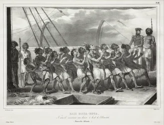 Bahía de Houa-Houa, nativos ejecutando una danza a bordo de la Astrolabe (Nueva Zelanda)