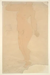 Desnudo de pie (cabeza parcialmente cortada por el borde del papel)
