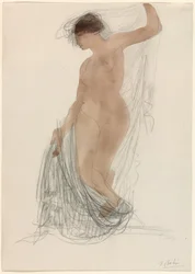 Desnudo de pie con cortinas