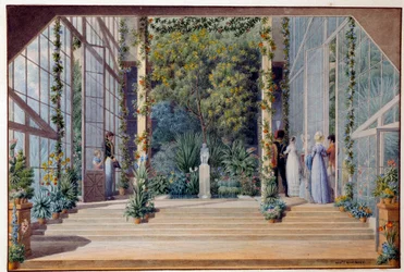Visita al invernadero cálido del castillo de Malmaison (acuarela, 1823)