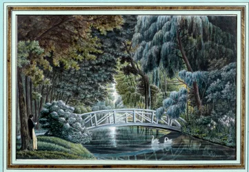 Vista del puente de madera sobre el río a la izquierda del castillo de Malmaison
