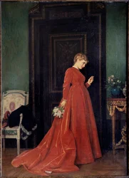 La llegada. Una mujer elegante con un vestido rojo está a punto de llamar a una puerta. Lleva un ramo de flores y su rostro expresa una mezcla de impaciencia, curiosidad y duda. Pintura de Auguste Toulmouche (1829-1890). Óleo sobre lienzo.