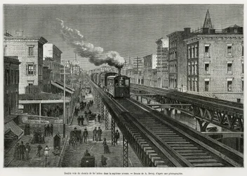 Doble vía del Ferrocarril Aéreo en la Séptima Avenida, Nueva York, Nueva York. Edouard de Laveleye, en 1878-1879, publicado en el Tour du monde, bajo la dirección de Edouard Charton (1807-1890)