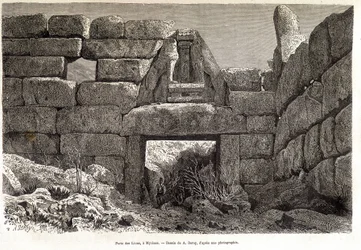Puerta de los Leones en Micenas - dibujo de A. Deroy, en "Alrededor del Mundo" 1877 2º semestre