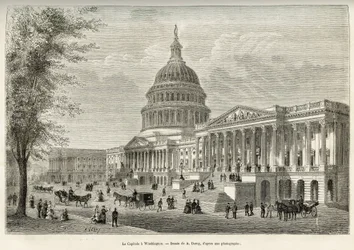 El Capitolio, sede de la legislatura, construido entre 1793 y 1830, en Washington (Distrito de Columbia), la capital de los Estados Unidos. Grabado después del dibujo de A.Deroy, para ilustrar la historia La conquista blanca, por William Hepworth Dixon, en