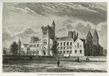 La Universidad de Toronto, dibujo de A. Deroy, para ilustrar la historia de una excursión a Canadá y el Río Rojo del Norte en 1873 por H. de Lamotte. Grabado en Le tour du monde