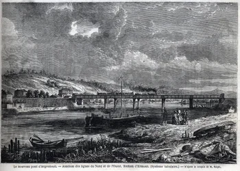 El nuevo puente en Argenteuil. Unión de las líneas Norte y Oeste. Sección de Ermont (sistema tubular). Grabado según boceto de Ralph en “Le Monde illustré”, 29/08/1863.