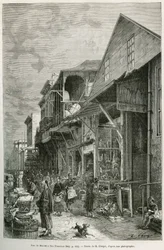 La calle del Mercado en San Francisco, que revela la presencia de una importante comunidad china, un indicio de un futuro barrio chino. Grabado según el dibujo de A. Deroy, para ilustrar la historia La conquista blanca, por William Hepworth Dixon, en 1875,