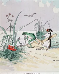 La rana y la rata - en "Fábulas de La Fontaine", ilustrado por Auguste Vimar (1851-1916), Tours, en A, Mame & Fils