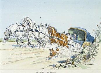 El coche y la mosca - en las "Fábulas de La Fontaine, ilustradas por Auguste Vimar (1851-1916), Tours, en A. Mame & Fils