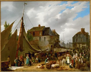 Embarque de ganado en el buque " Le Passager " en el puerto de Honfleur, Francia ...