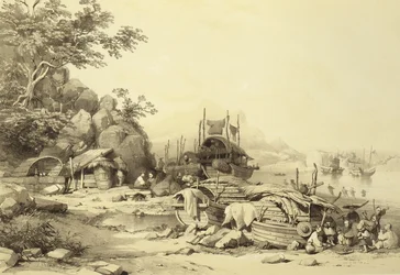 Barcos casa en la bahía de Cowloon, lámina 6 de Bocetos de China, grabado por Eugene Ciceri, 1842