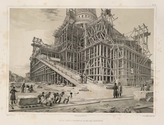 Vista de la Catedral rodeada de andamios de madera (De: La construcción de la Catedral de San Isaac, 1845)