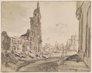Vista de las esquinas noreste y noroeste de la Grand Place después del bombardeo en 1695