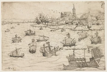 Jonás y la ballena en un lago con embarcaciones de vela, 1546