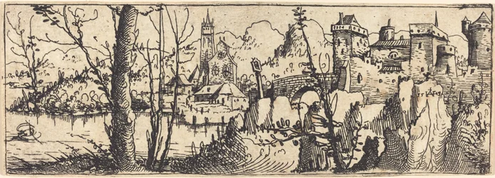 Paisaje con castillo a la derecha, rodeado de rocas