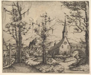 Paisaje con cuatro árboles y una iglesia a la derecha