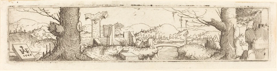 Paisaje con un arroyo y ruinas