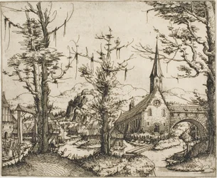 Paisaje con iglesia y puente cubierto