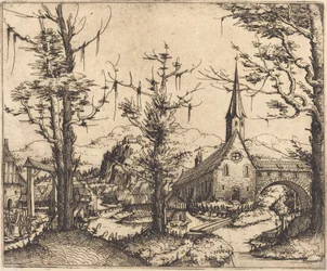 Paisaje con una iglesia del pueblo, 1545