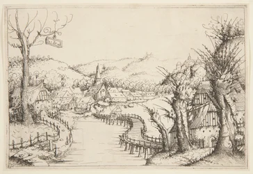 Paisaje con un puente de madera serpenteante