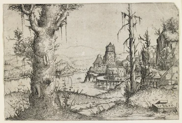 Árbol Grande y Castillo en un Lago