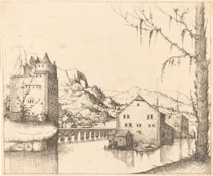Paisaje fluvial con casas en la isla