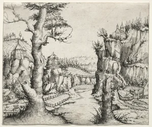Paisaje fluvial con rocas a la izquierda y derecha