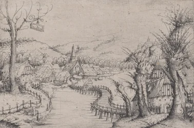 Paisaje fluvial con tres sauces desnudos a la derecha y un largo puente de madera serpenteante, 1546