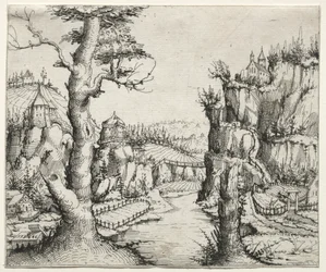 Paisaje fluvial con rocas a la izquierda y a la derecha, 1546