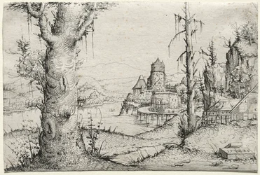 Paisaje fluvial con gran árbol a la izquierda