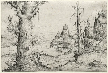 Paisaje fluvial con gran árbol a la izquierda