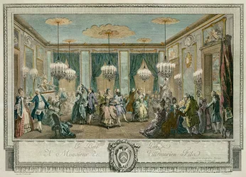 El baile de gala en la casa de Monsieur Villemorien Fila, grabado por L. Provost