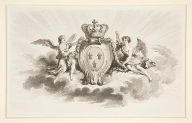 Escudo real con flores de lis flanqueado por ángeles, reproducción del siglo XIX.
