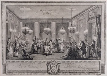 El baile de gala en la casa de Monsieur de Villemorien Fila, grabado por L. Provost